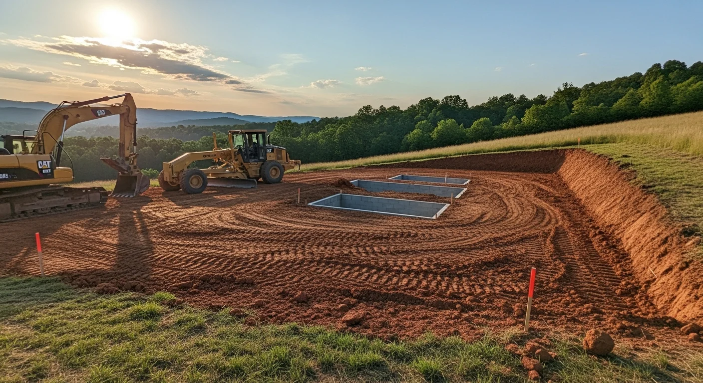 Excavator working on residential lot preparation in East Tennessee