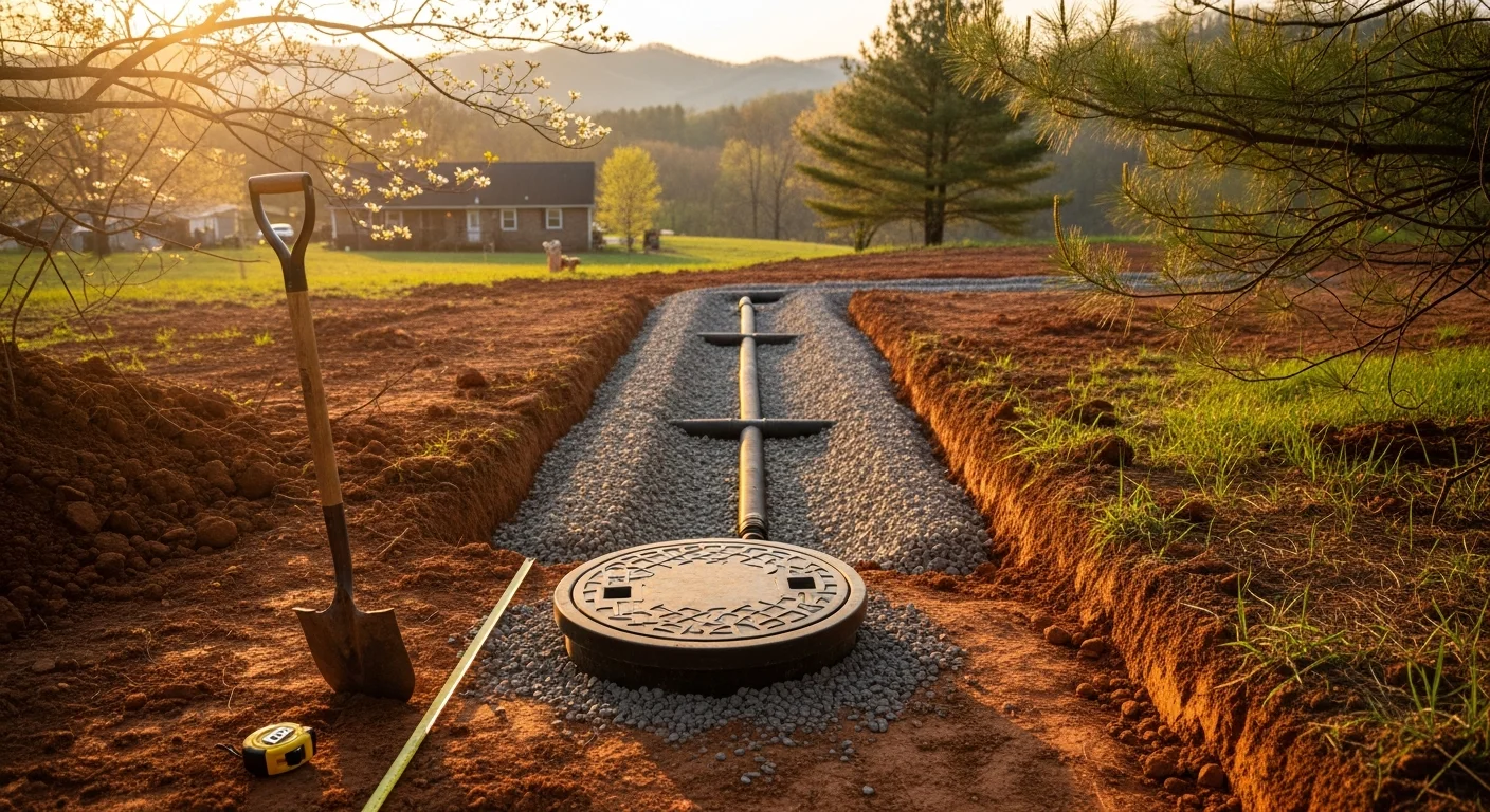 Septic system installation equipment on residential property