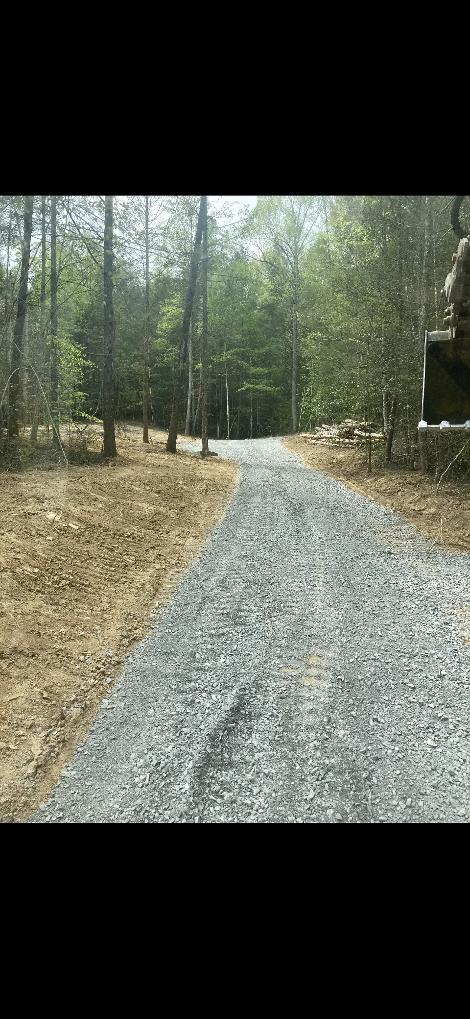 Gravel driveway through wooded area with cleared shoulders and mature trees on both sides