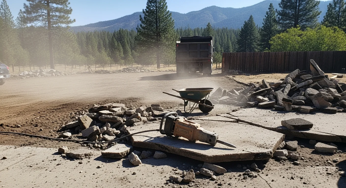 A Sierra County property with old cracked asphalt fully broken up and cleared by Onsite Construction demolition crew. Exposed gravel base is visible and ready for new paving or site preparation work.