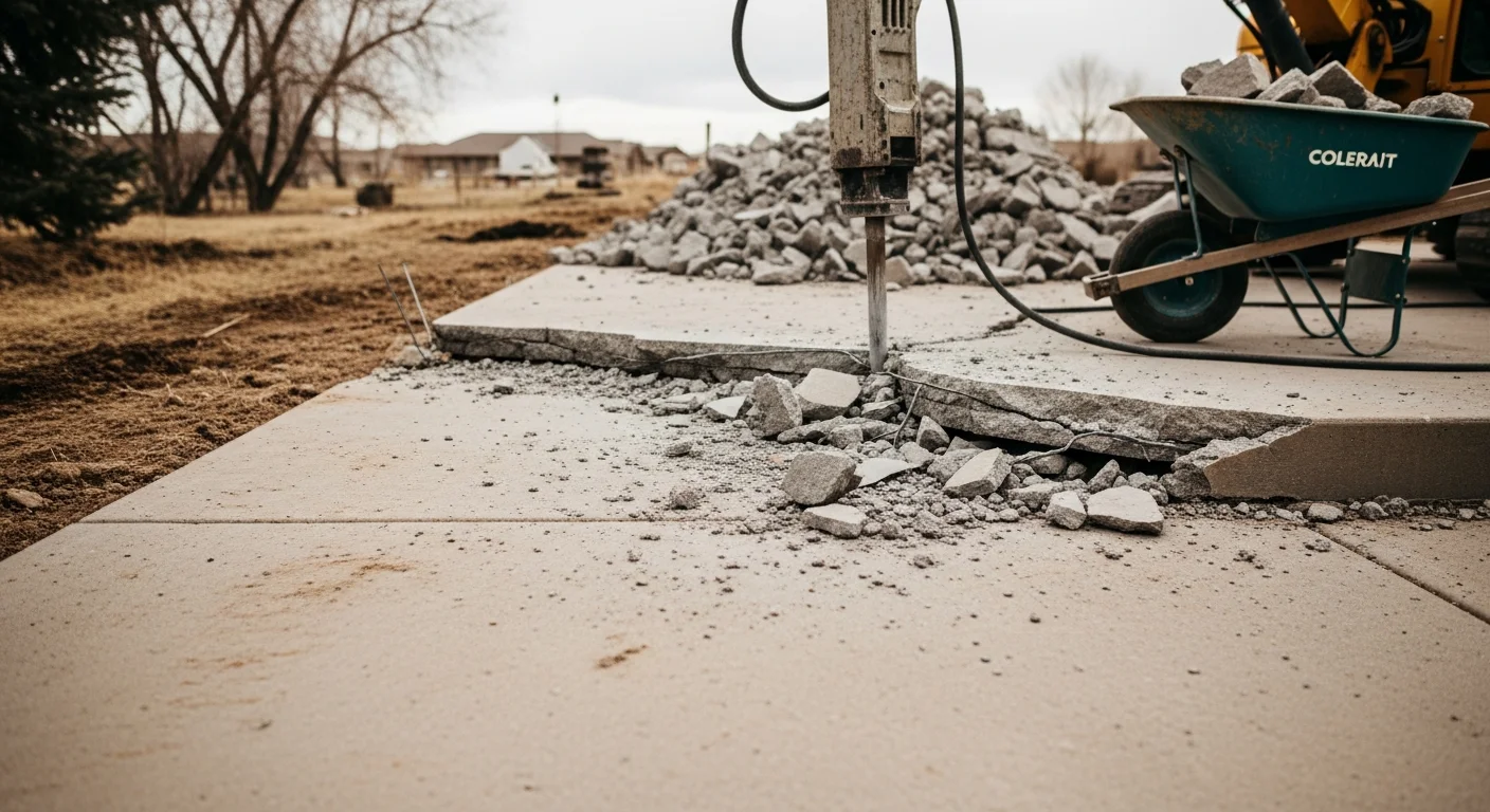 Broken concrete slab being removed from a residential property in Severe, CO, with debris staged for hauling. A sole proprietor demolition contractor operates a jackhammer to break apart a cracked driveway pad.