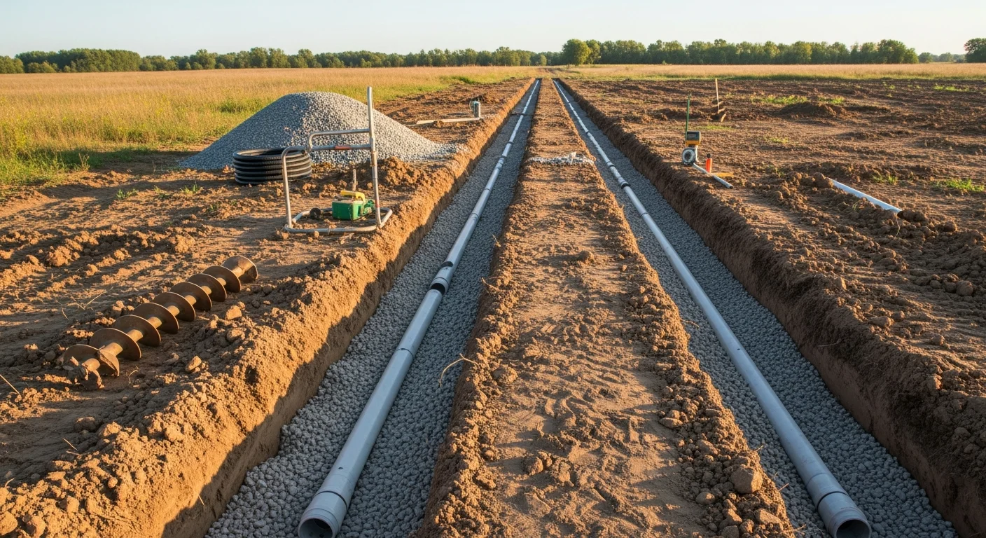 A freshly excavated drain field trench on a rural residential property in Severy, Kansas, showing gravel bedding and perforated distribution pipe laid at grade. A compact excavator sits at the edge of the open trench on a clear day.