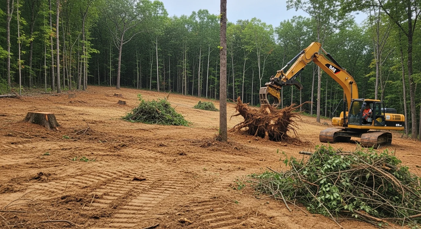 A freshly cleared residential lot in Sevier County, Tennessee, with trees and brush removed and bare soil graded flat. An excavator sits at the edge of the cleared site, ready for the next phase of site preparation.