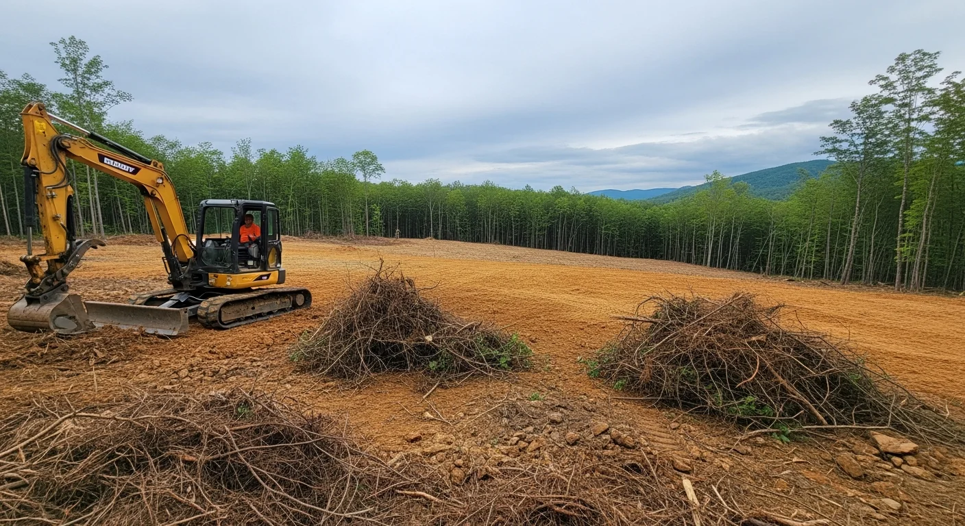 A freshly cleared residential lot in Sevier County, Tennessee, with trees and brush removed and the ground rough-graded and ready for construction. An excavator sits at the edge of the cleared site surrounded by wooded hillside.
