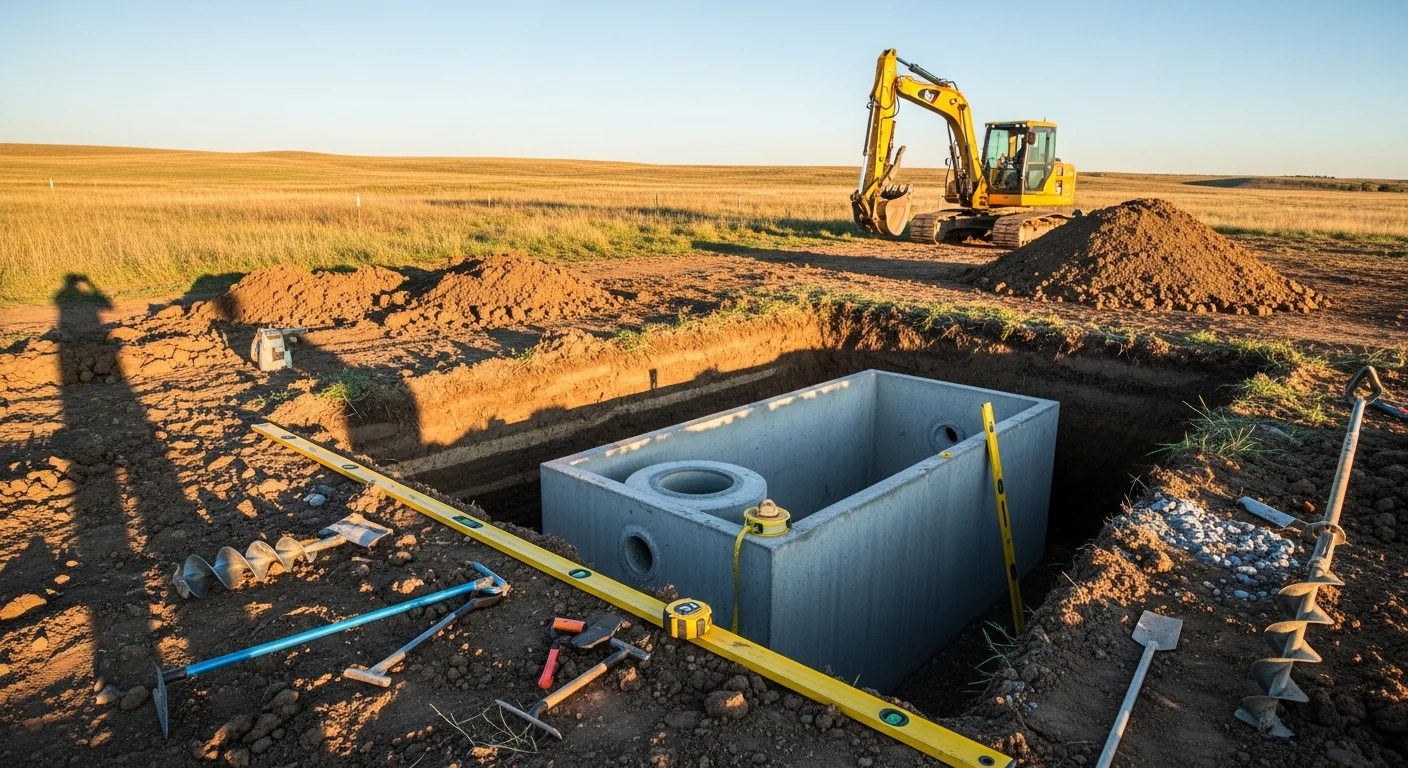 A freshly excavated septic tank installation in progress on a rural residential property in Severance, Colorado, with exposed drain field trenches and Weld County plains visible in the background. A contractor operates an excavator beside the open tank pit on a clear day.