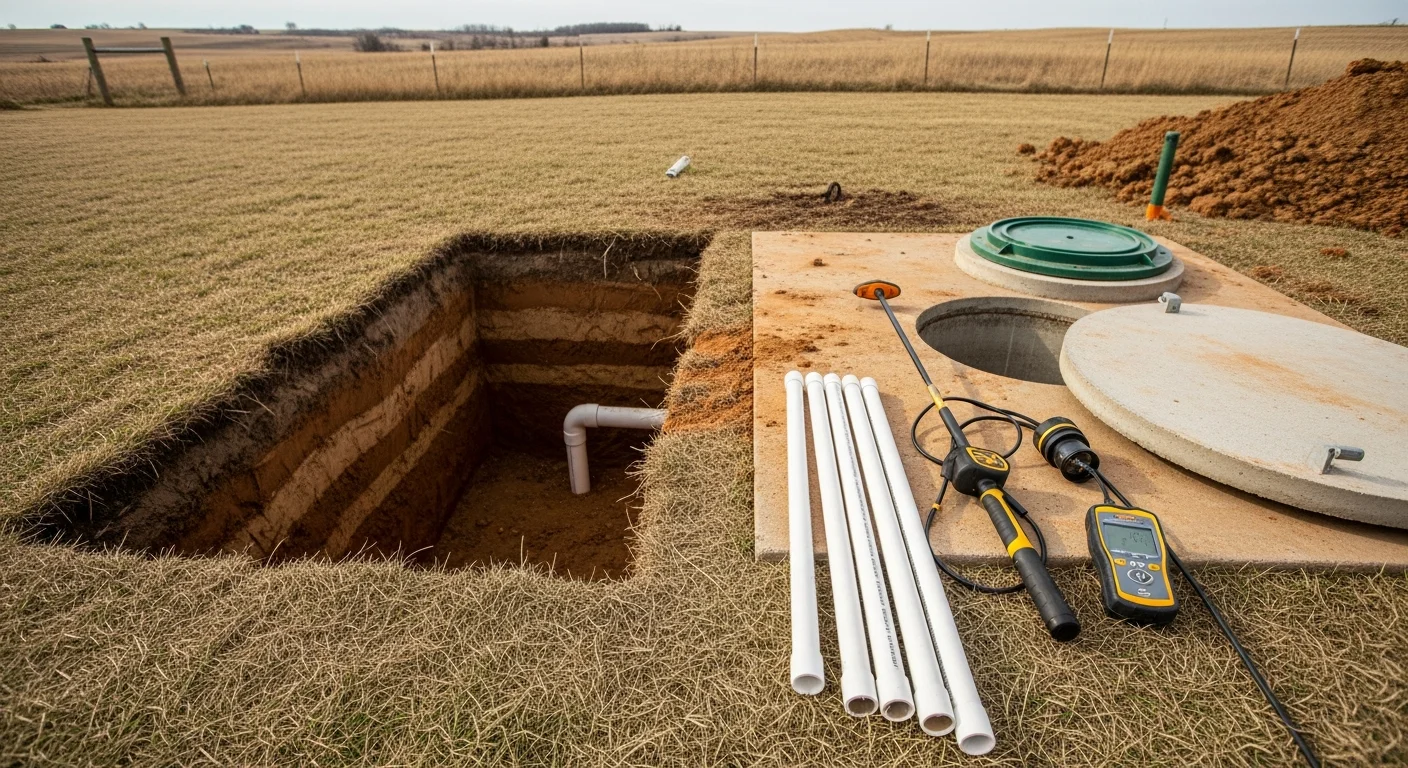 A septic system drain field repair in progress on a rural Severy, Kansas property, with exposed lateral lines and excavated soil visible in a grassy yard. A contractor inspects the uncovered tank access point on a clear day in Greenwood County.