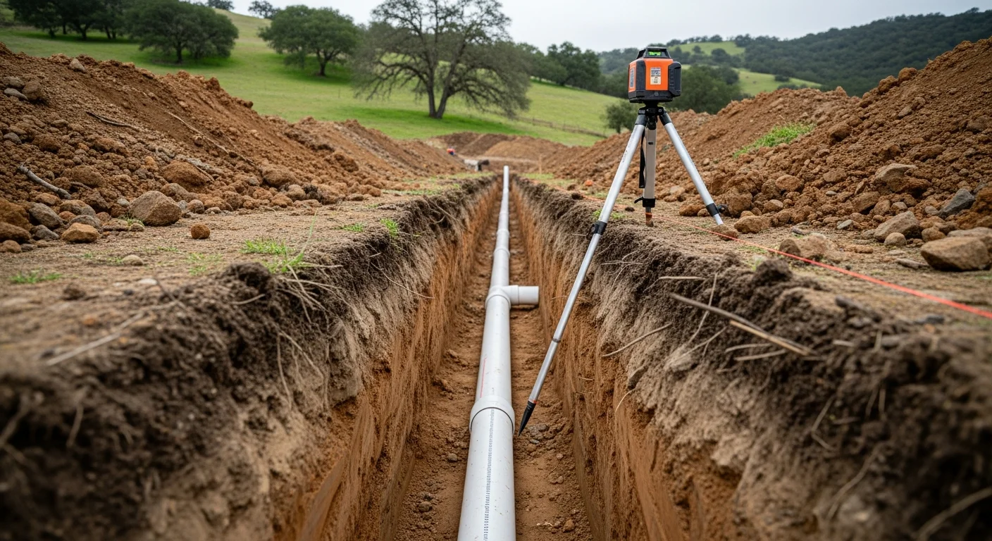 A freshly excavated trench on a rural Severo, CA property showing a new sewer line laid at grade before backfill. A sole contractor inspects the pipe connection point at the edge of the trench.
