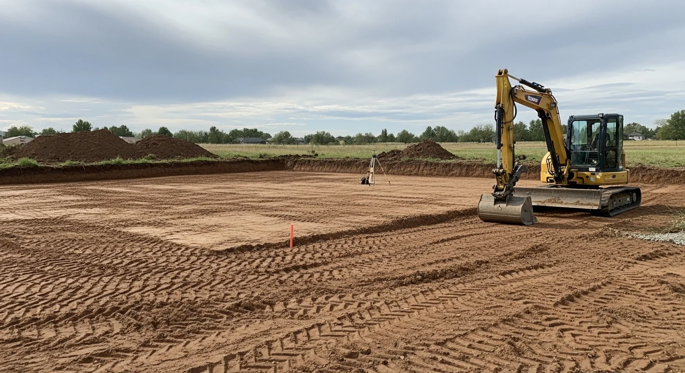 An excavator grading a cleared residential lot in Severance, CO, with rough subgrade soil leveled and shaped for a building pad. Northern Colorado plains terrain is visible in the background.