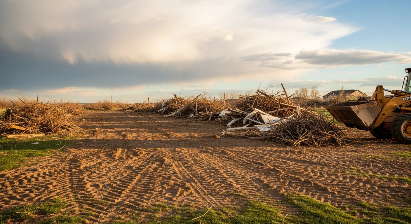 A cleared residential yard in Severance, CO after storm debris removal, with hauled-away branches and scattered material no longer visible on the property. A clean lot edge and intact fence line are visible in the background.