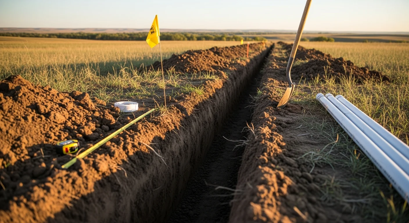 A freshly excavated trench on a Severance, CO residential property showing a newly installed underground water line bedded below the frost depth. Disturbed Eastern Plains soil is visible alongside the open trench prior to backfill.